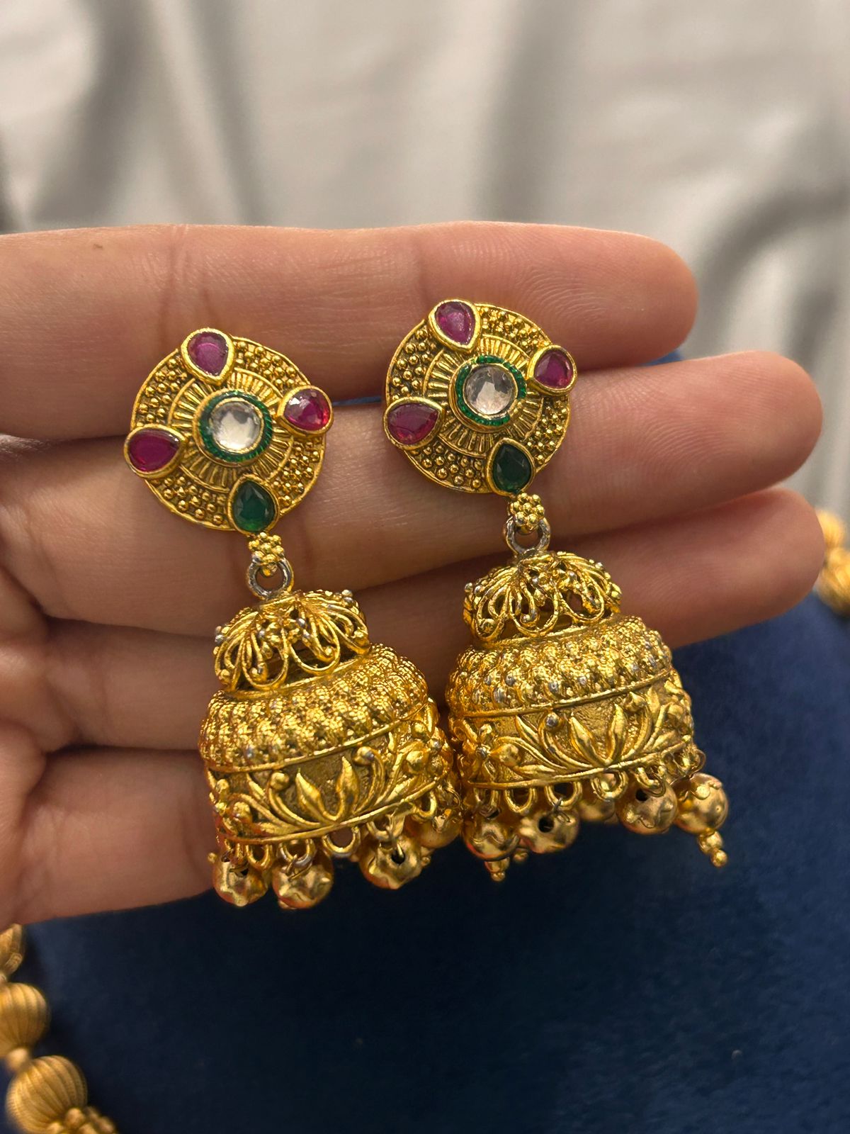 Antique Temple Jewellery Necklace with Bold Pendant & Jhumka Earrings